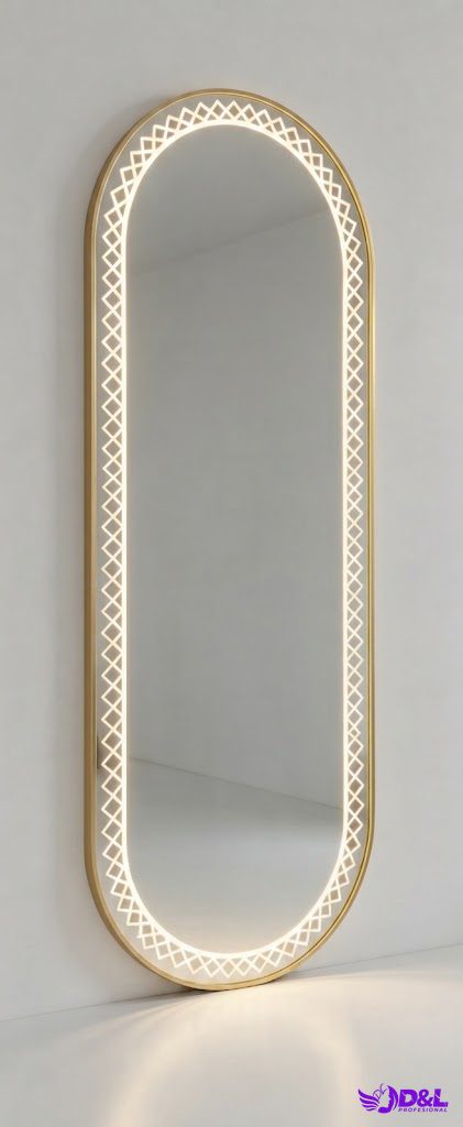 Espejo de Piso Ovalado con Luz LED Patrón Geométrico 170x70cm