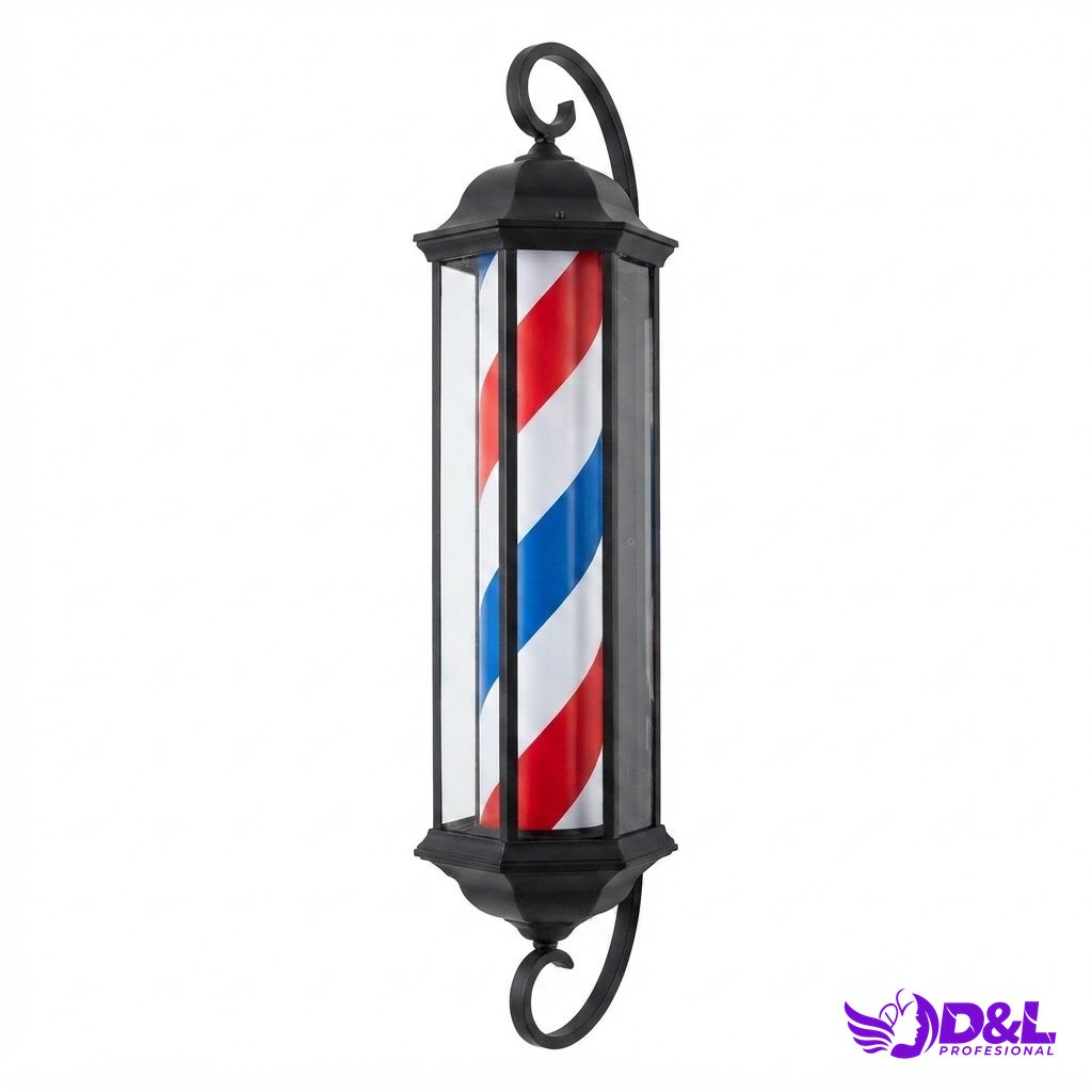 Farol de Barbería 90 cm, base negro, clásico (rojo, blanco y azul)