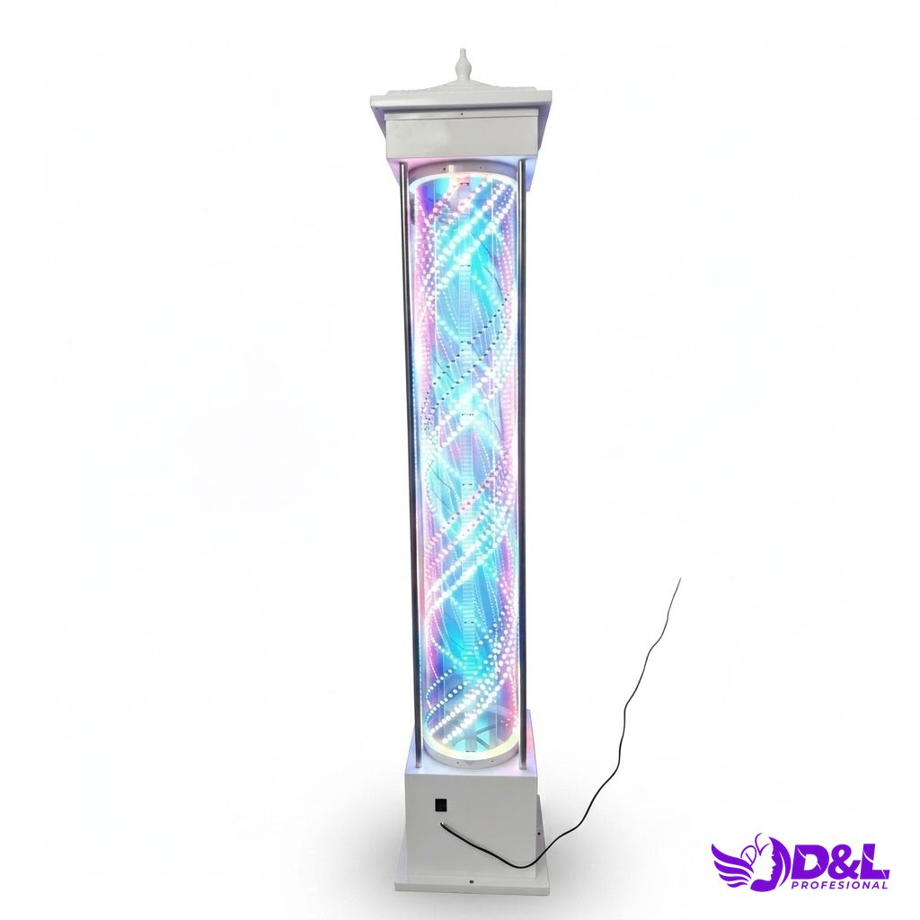 Lámpara Pole 90 cm, base blanco, led celeste lila