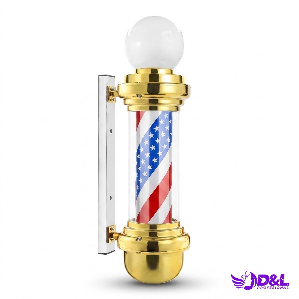 Lámpara Pole 90 cm, base dorado, bandera americana con bola