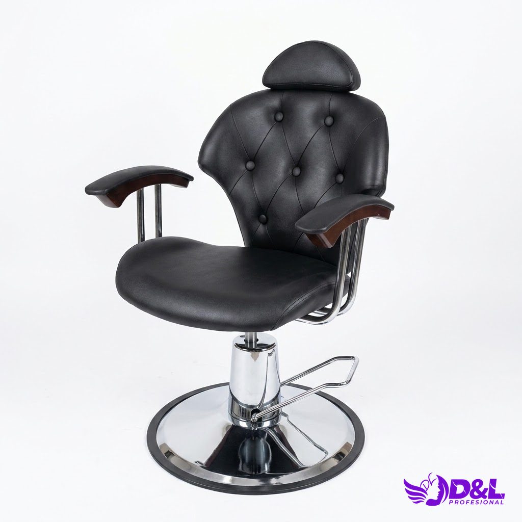 Silla de Barbería Profesional con Capitoné Negro y Reposabrazos de Madera