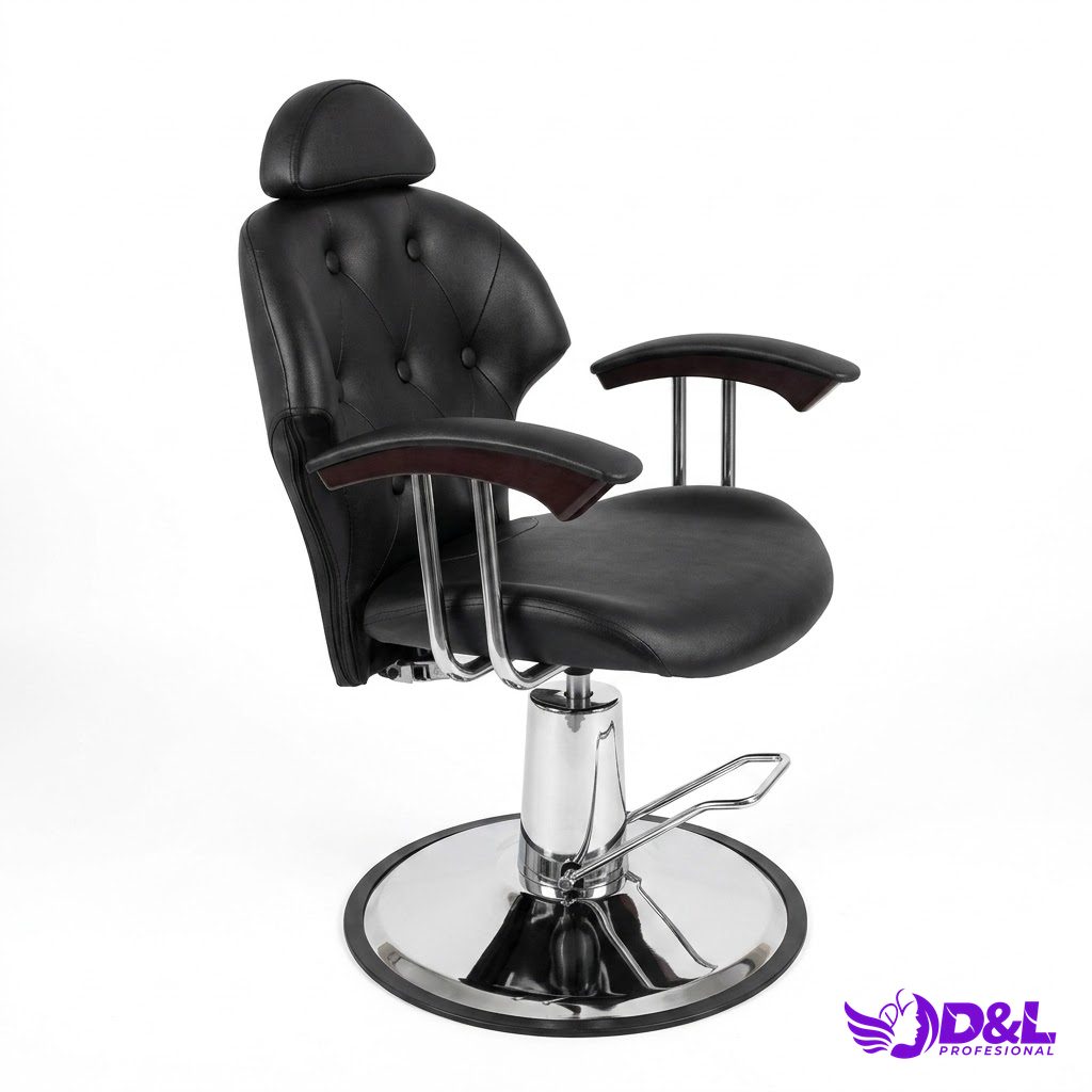 Silla de Barbería Profesional con Capitoné Negro y Reposabrazos de Madera 2