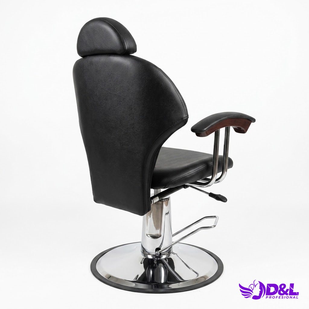 Silla de Barbería Profesional con Capitoné Negro y Reposabrazos de Madera 3