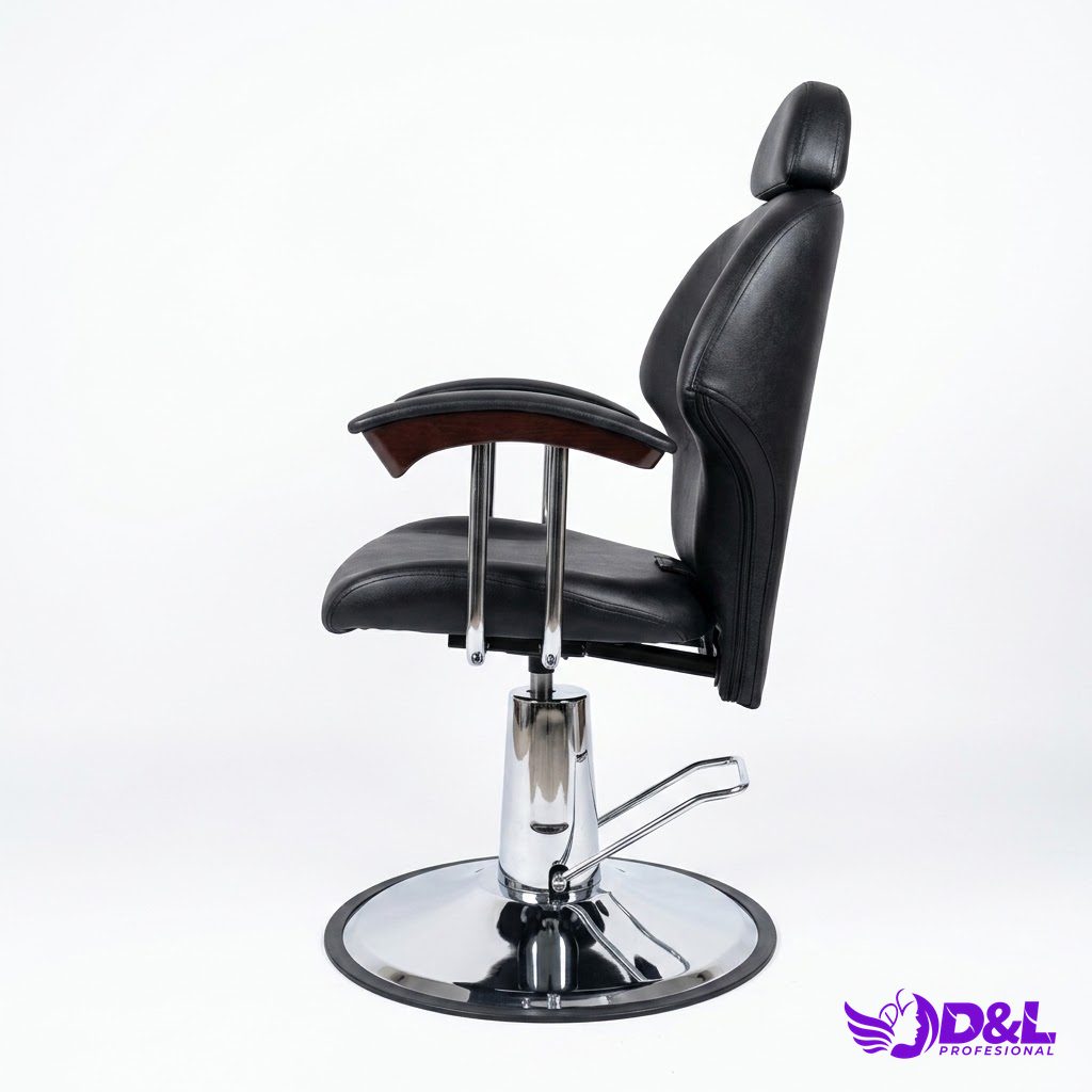 Silla de Barbería Profesional con Capitoné Negro y Reposabrazos de Madera 4