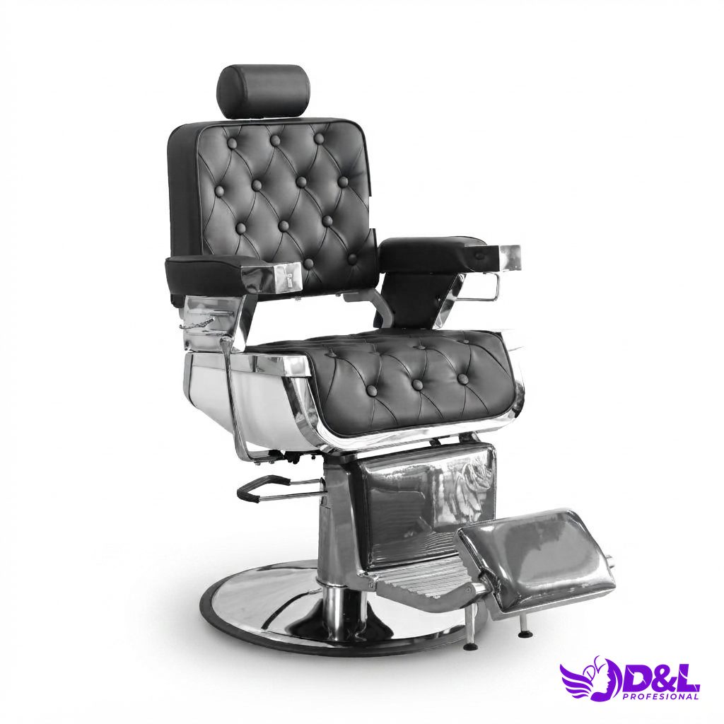 Sillón de Barbería Capitoné Negro con Apoyabrazos Plateados