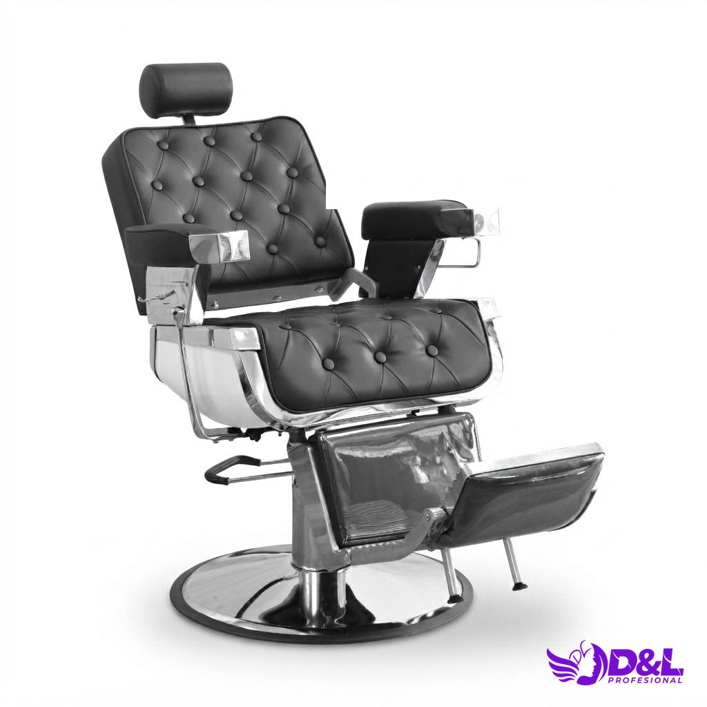 Sillón de Barbería Capitoné Negro con Apoyabrazos Plateados 2