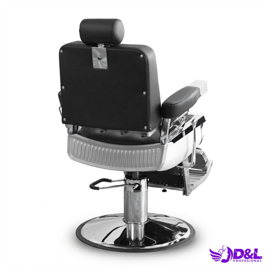 Sillón de Barbería Capitoné Negro con Apoyabrazos Plateados 3