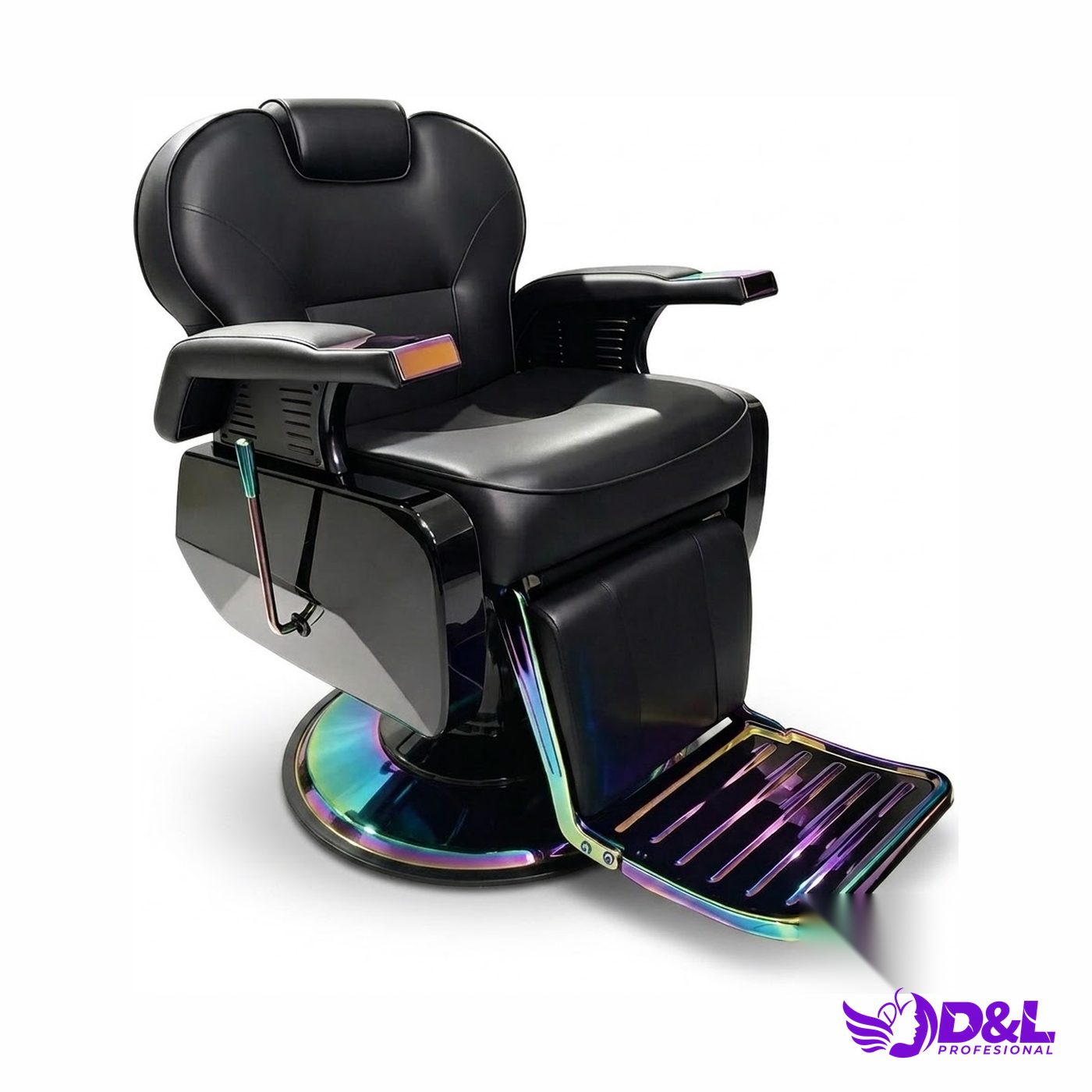 Sillón de Barbería Moderno Negro con Base Tornasol Holográfica