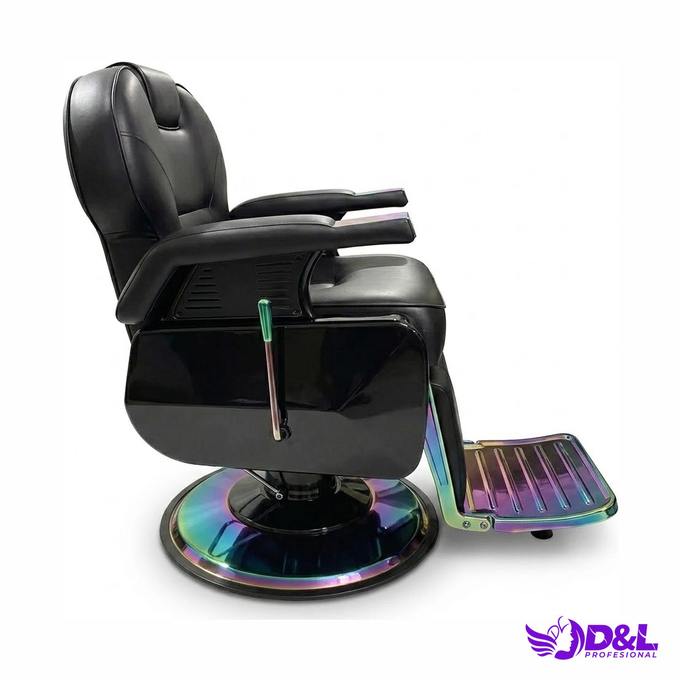 Sillón de Barbería Moderno Negro con Base Tornasol Holográfica 2