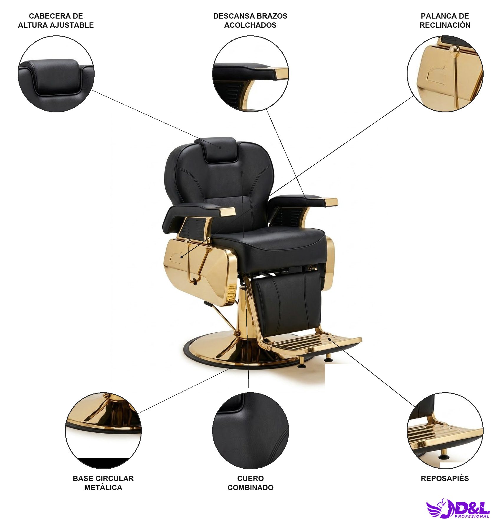 Sillón de Barbería Moderno Dorado y Negro 3