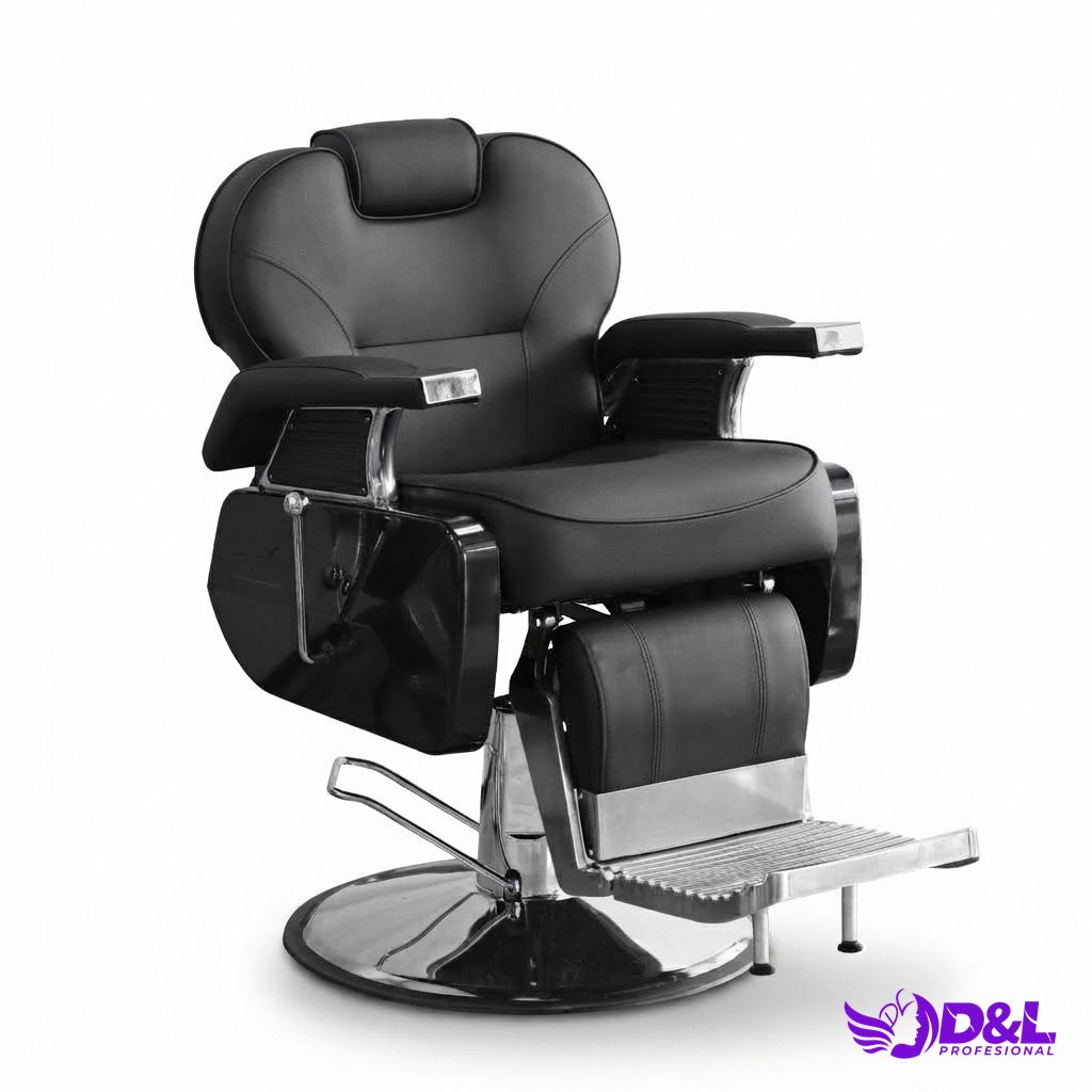 Sillón de Barbería Negro con Detalles Plateados