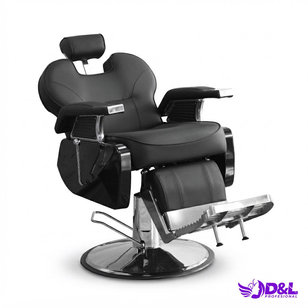 Sillón de Barbería Negro con Detalles Plateados 2