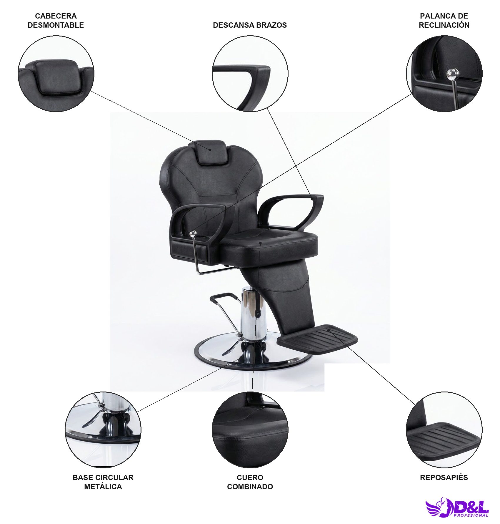 Sillón de Corte y Maquillaje Reclinable Negro con Reposapiés 3
